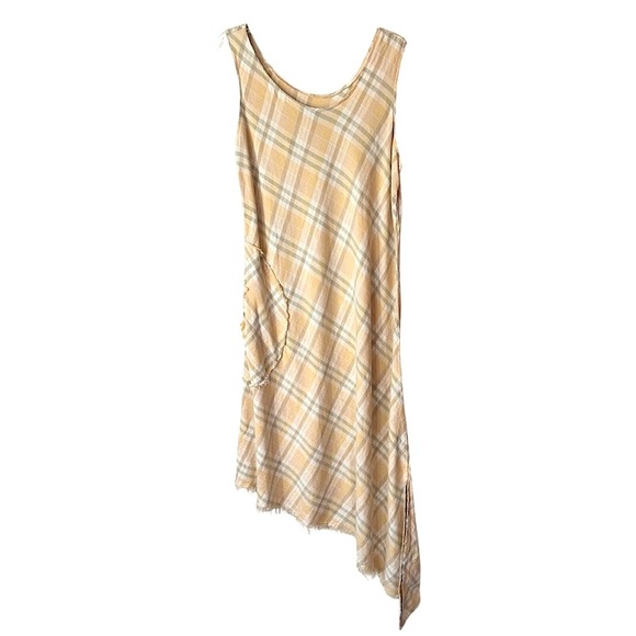 Linen Blend Sundress Yellow Plaid Asymmetrical Frayed Hem Boho Academia Maxi - Picture 1 of 17